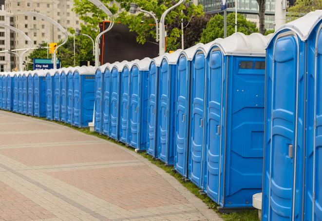 a row of portable restrooms at a fairground, offering visitors a clean and hassle-free experience in cloverleaf